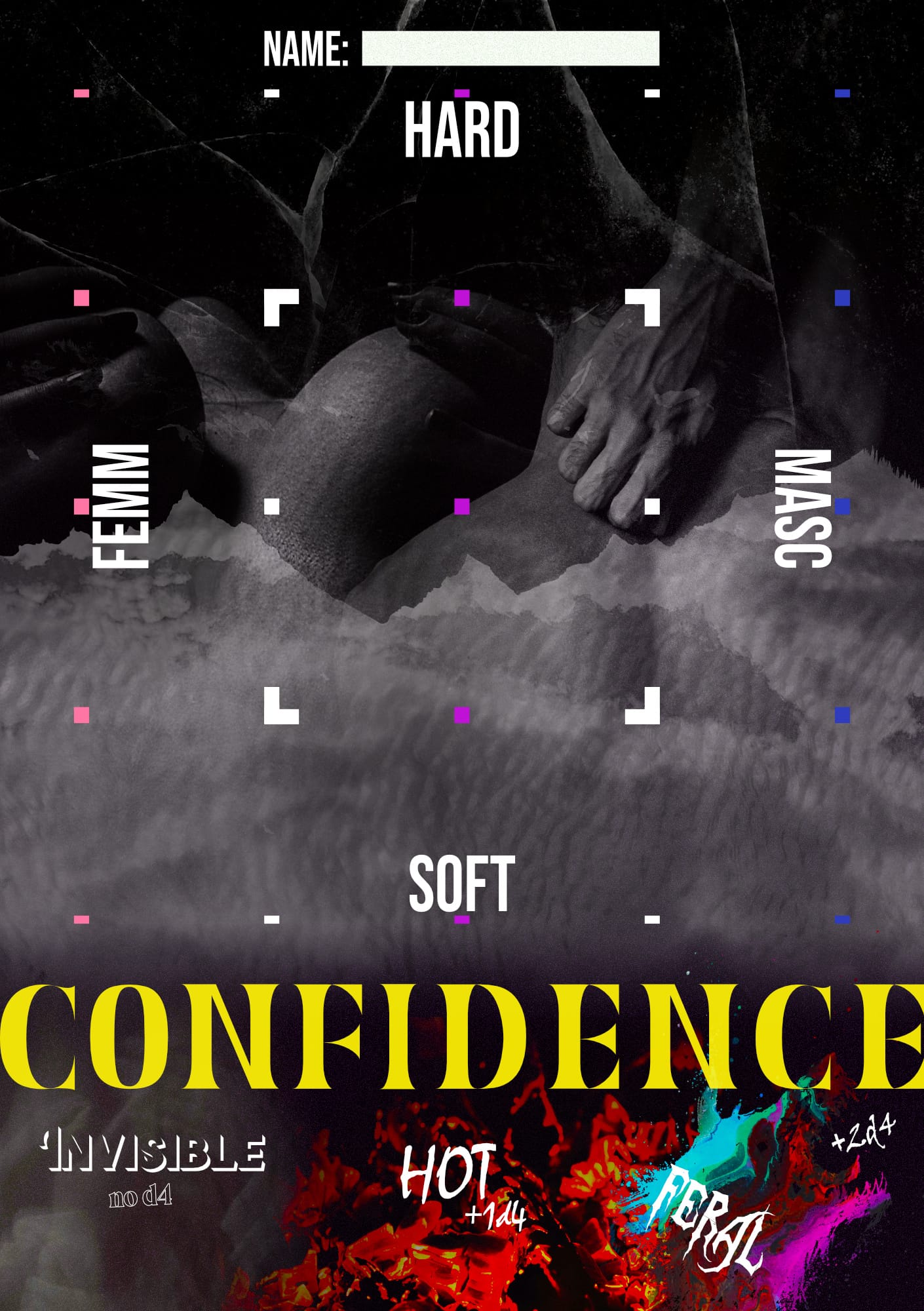The character sheet for Spill Your Fluids, which tracks traits on a grid where the x-axis is Femm to Masc, and the y-axis is Hard to Soft. Naked feminine and masculine bodies are layered over mountains, clouds, and cracked ice to convey the gradients between these four extremes. A Confidence tracker at the bottom shows the progression from Invisible (a vanishing person covering their face) to Hot (glowing embers) to Feral (a roaring wolf maw in genderfluid colors).