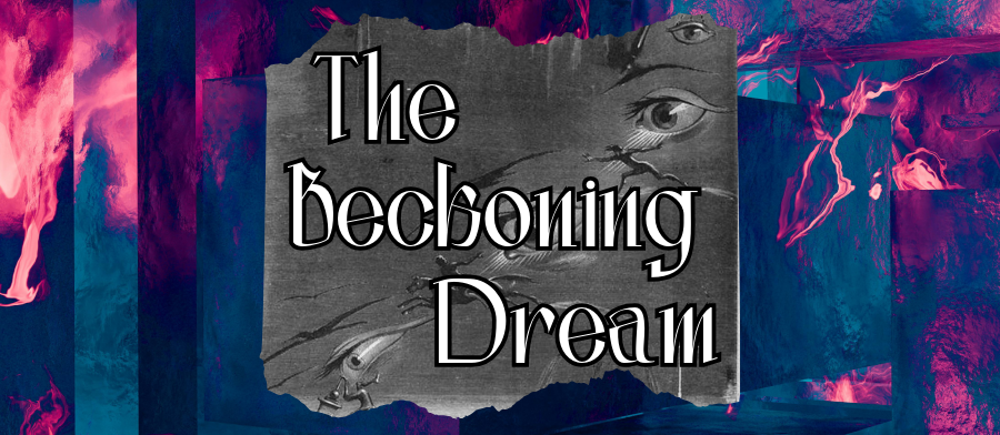 "The Beckoning Dream" title on top of a surreal scene of disembodied eyes watching people fall, jump, fly, and swim down towards a body of water.